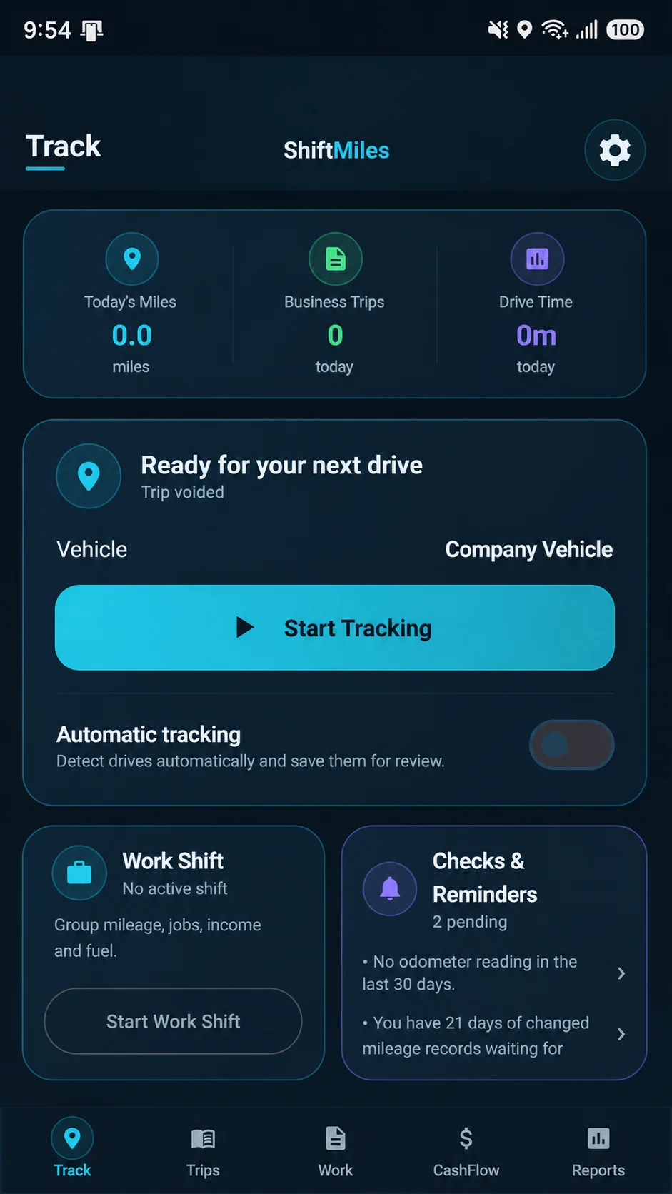 ShiftMiles Track screen